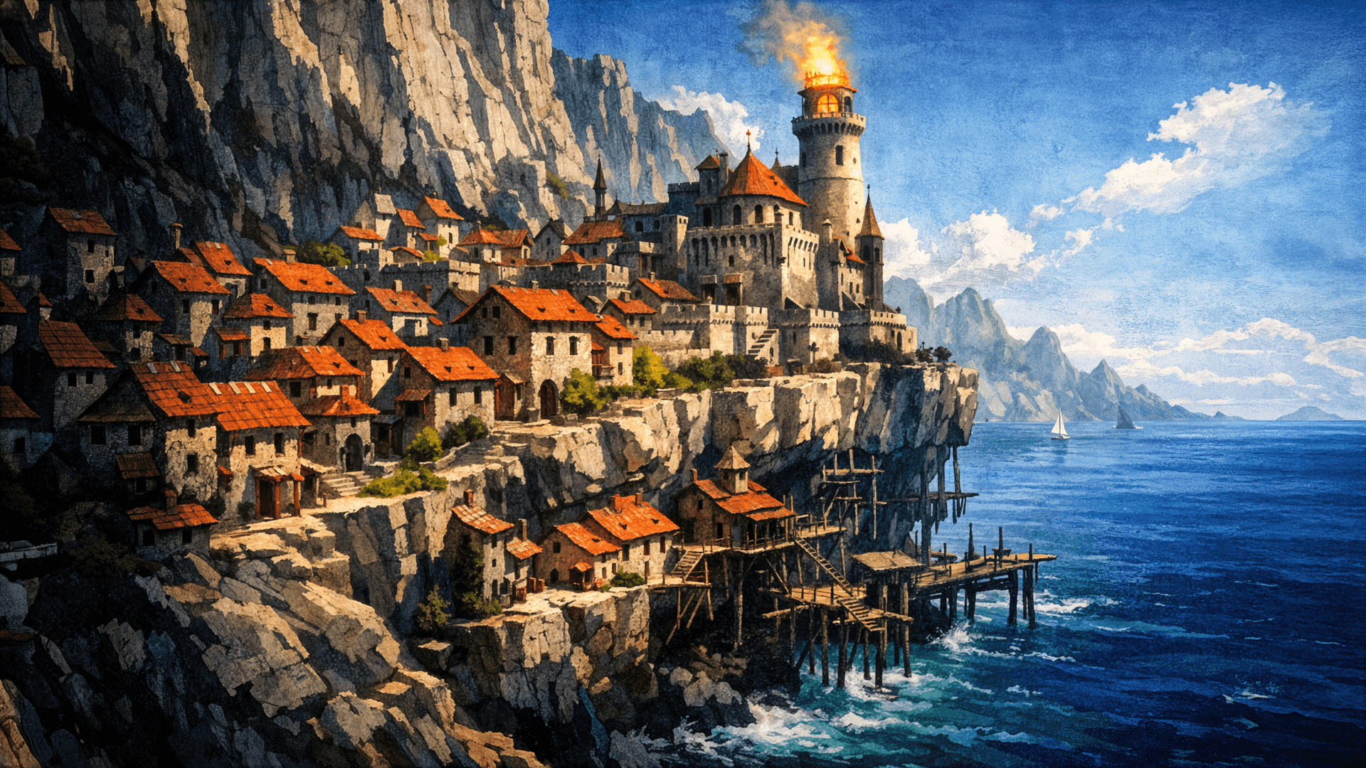 Windsreach: clifftop coastal village perched on Morgath's rugged coastline