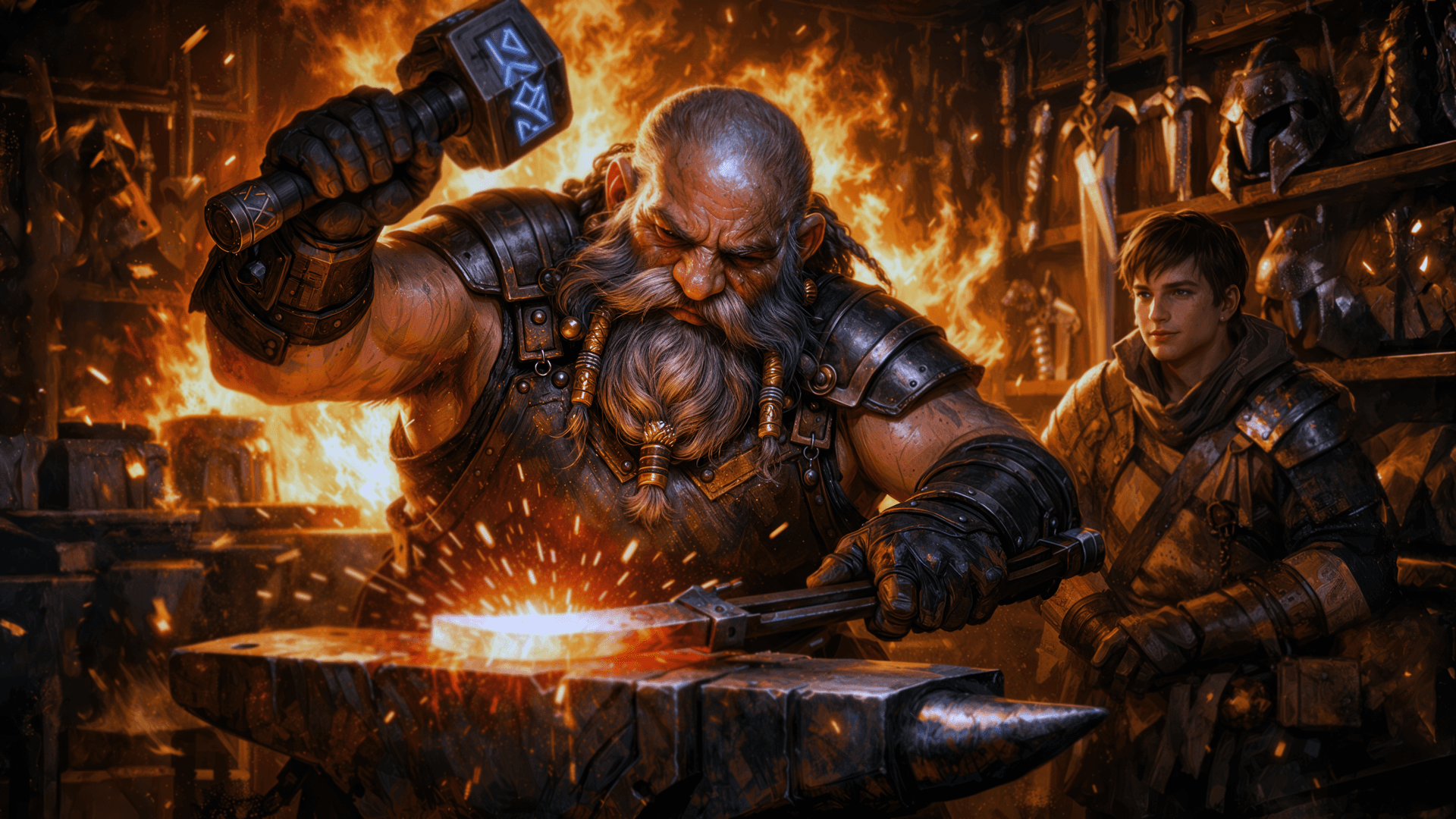 Dwarven forge-masters working by firelight